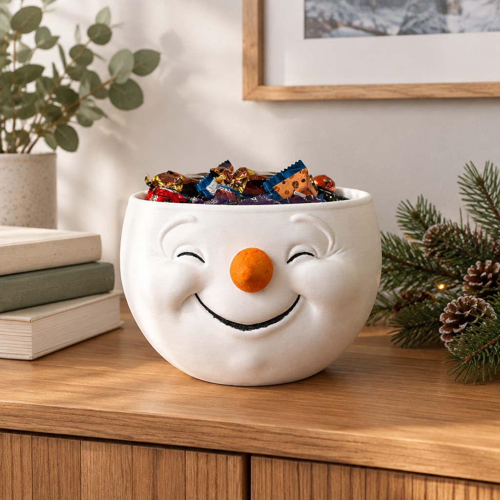 White snowman snack bowl displayed on a living-room bookshelf beside books and greenery