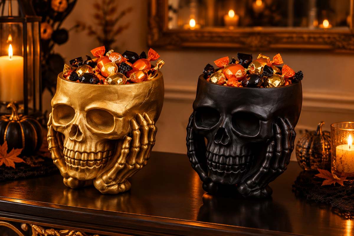 Gold and black skull sweet bowls held by sculpted hands on a Halloween console