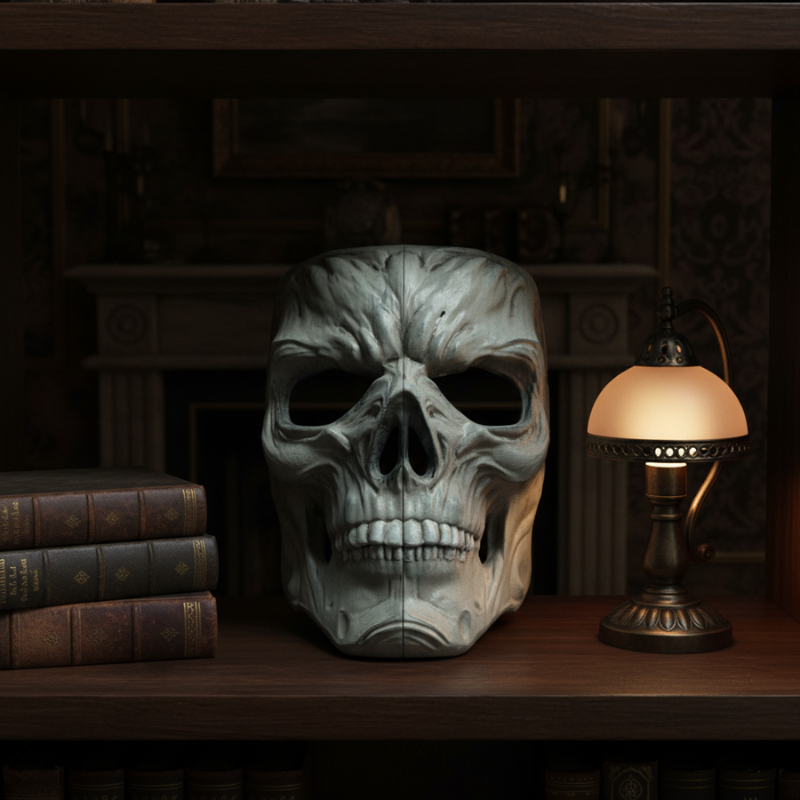 Gray gothic skull mask sculpture on a dark wood shelf