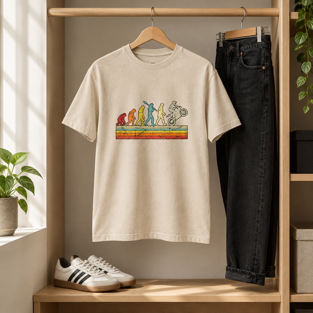 Beige Evolution of the Motorcyclist T-shirt in a neutral wardrobe