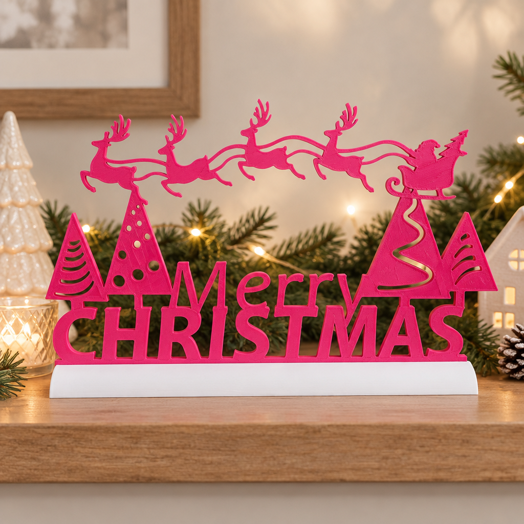 Pink Merry Christmas sign and white base styled with festive lights and greenery