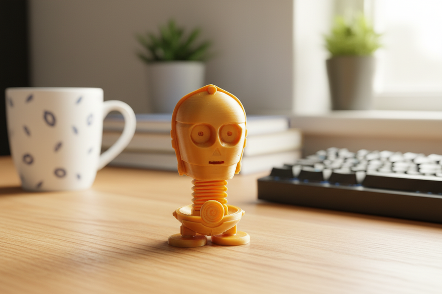 Star Wars C-3PO Springie on a bright wooden desk with coffee mug and keyboard showing small desktop toy scale