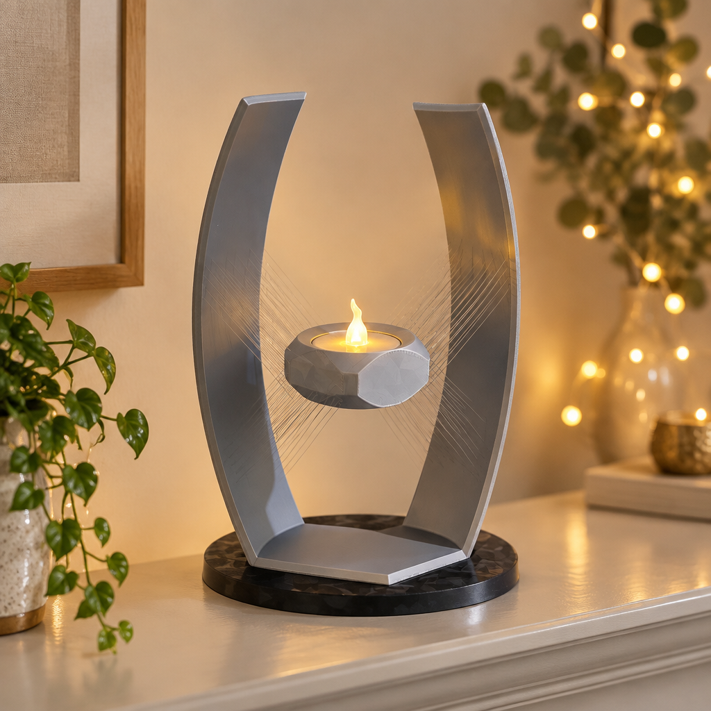 Suspended tealight holder styled on a modern mantel