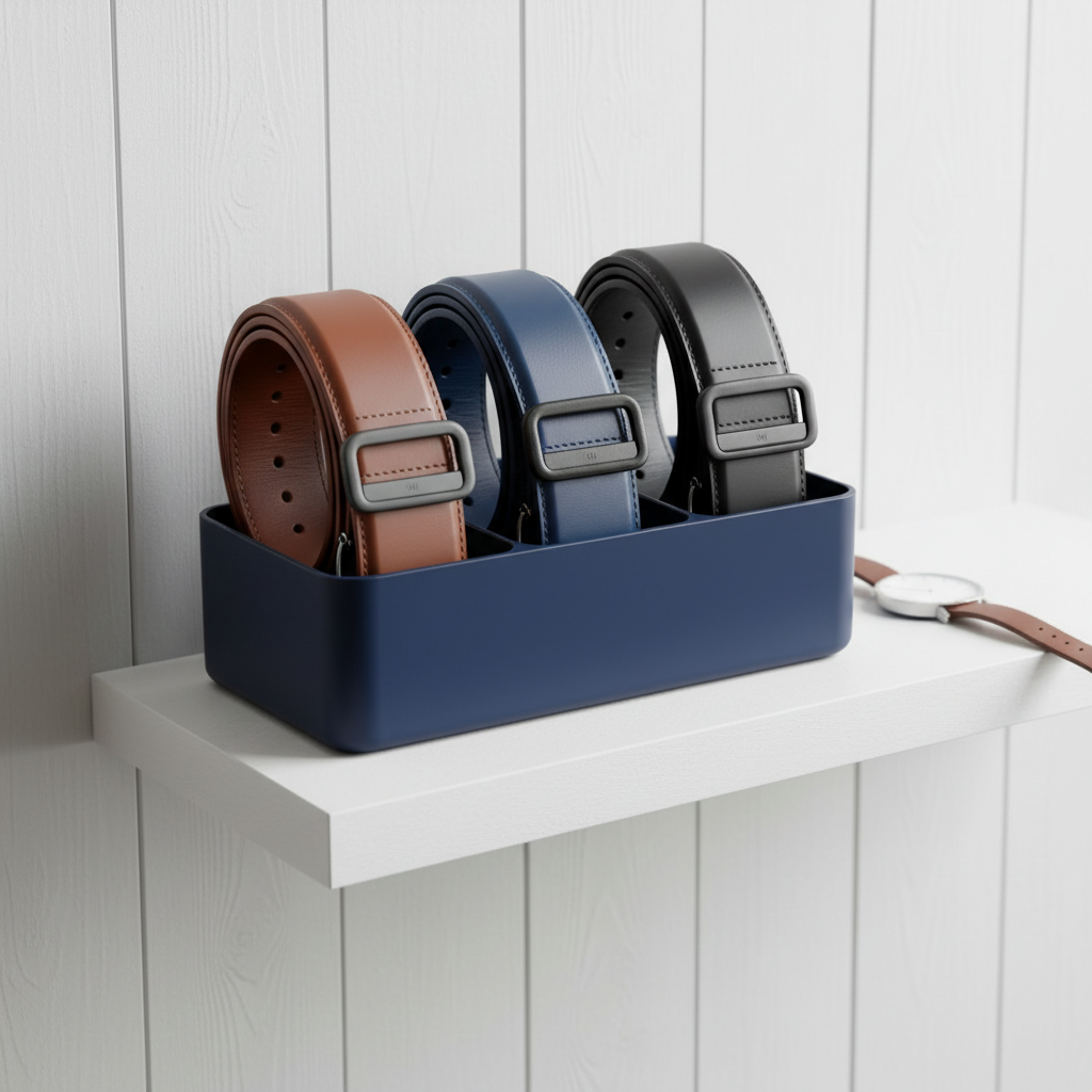 Navy blue belt organizer on white shelf with rolled belts and watch, Scandinavian minimal