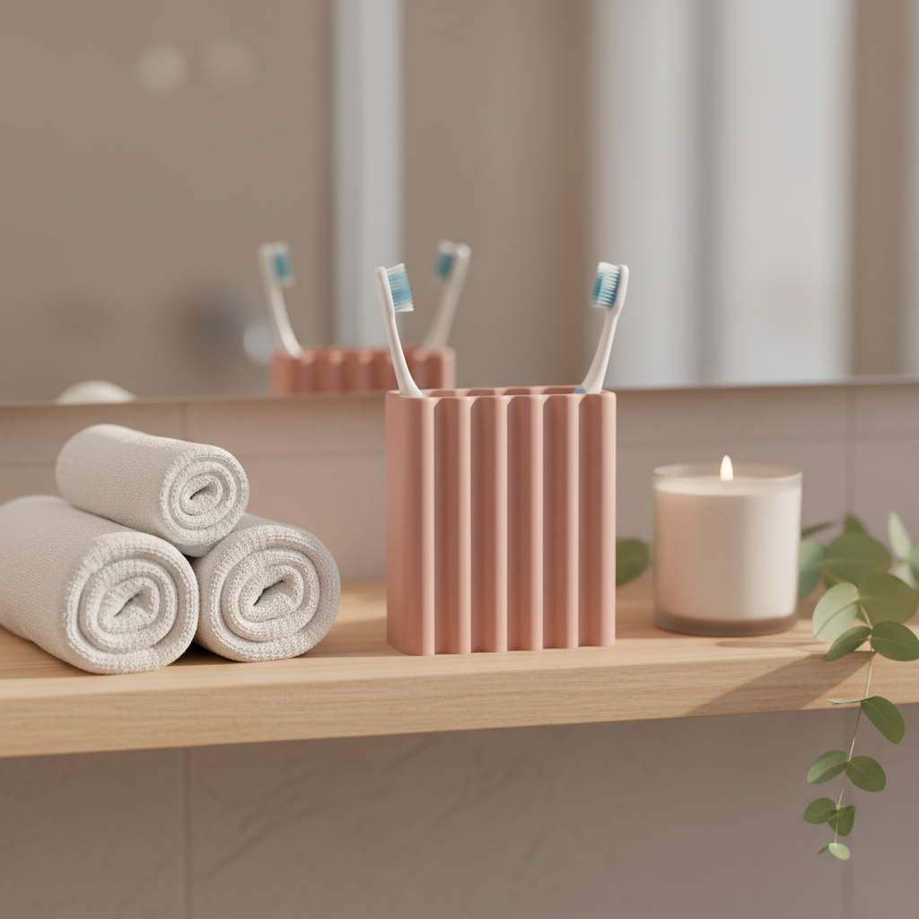 Wibble Toothbrush Holder dusty pink on wooden bathroom shelf