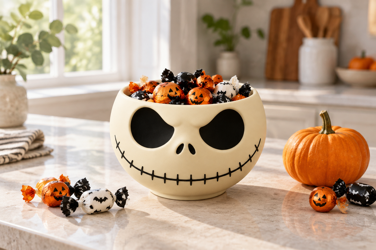 Cream-white skull sweet bowl on a bright kitchen island with wrapped Halloween treats and a pumpkin