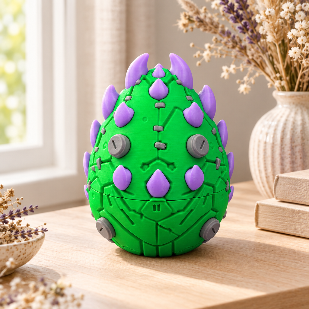 Frankenstein Dragon Egg on pale wood side table