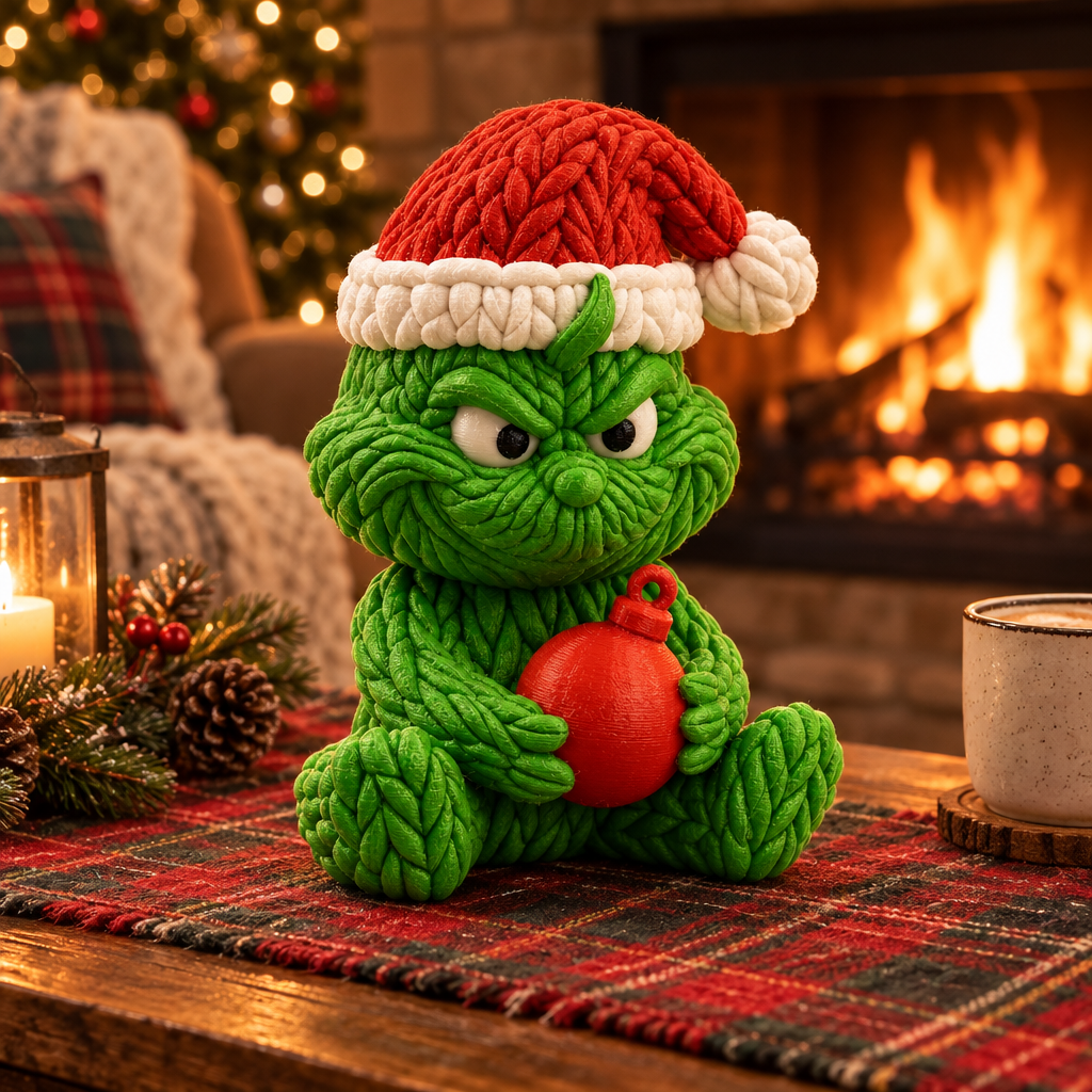 Knitted Grinch figure on a cozy coffee table by the fireplace