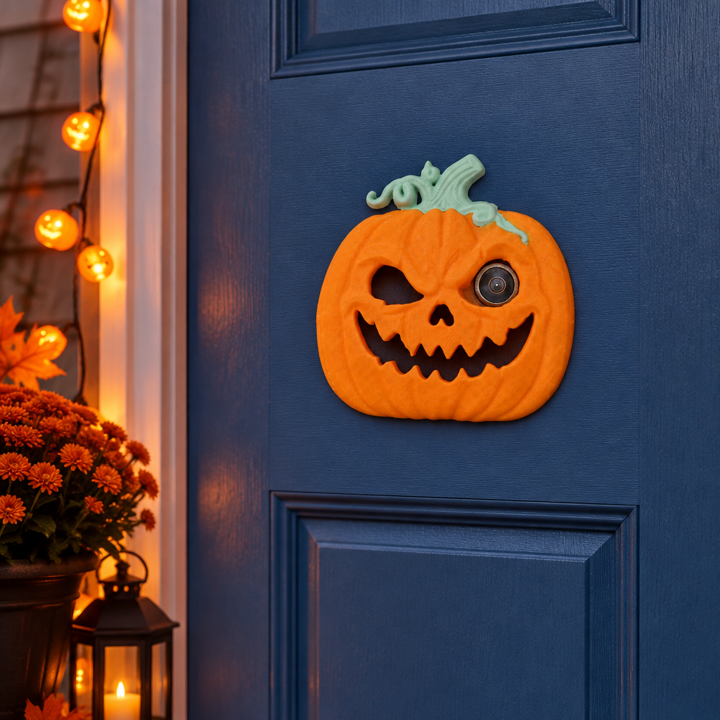 Pumpkin peephole decoration on blue door