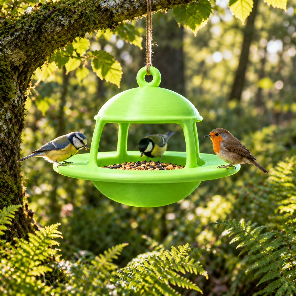 Green UFO bird feeder hanging among autumn leaves