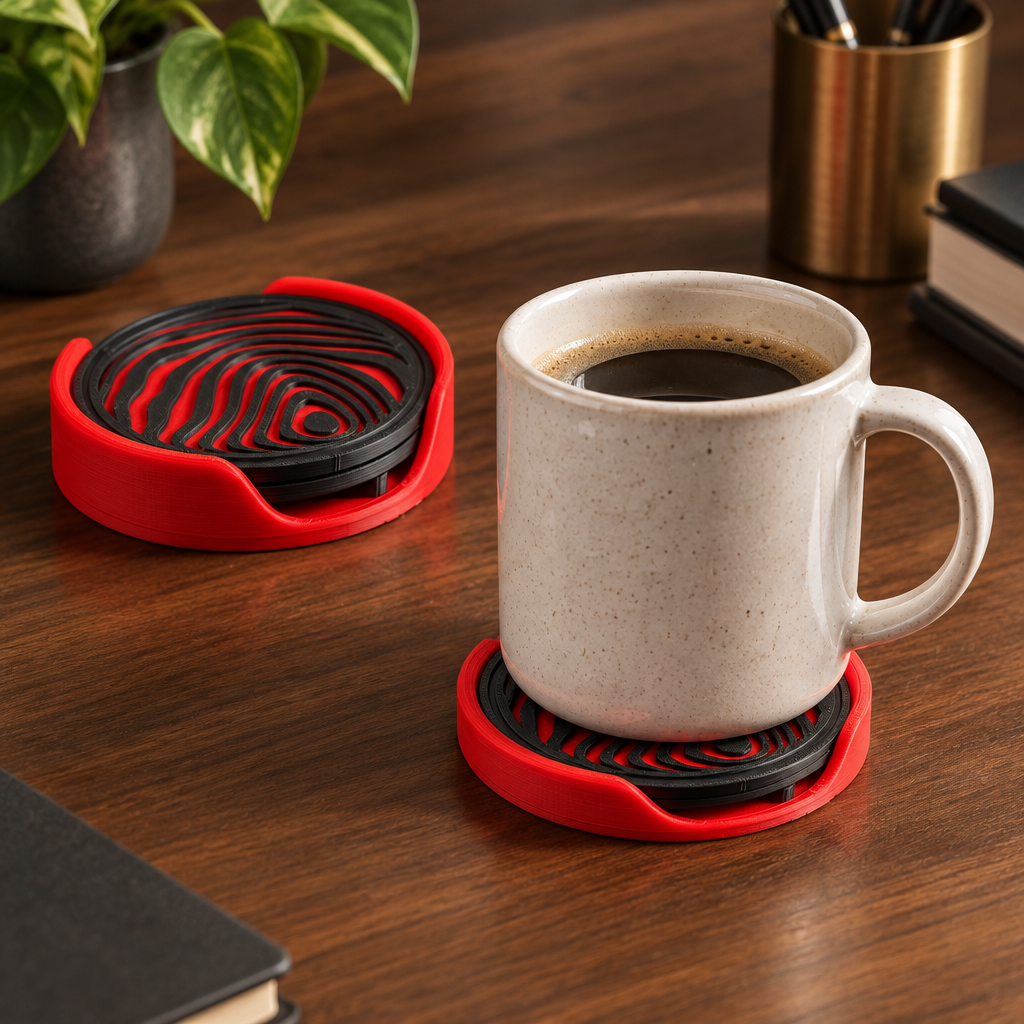 Sphere coaster beneath mug on walnut desk