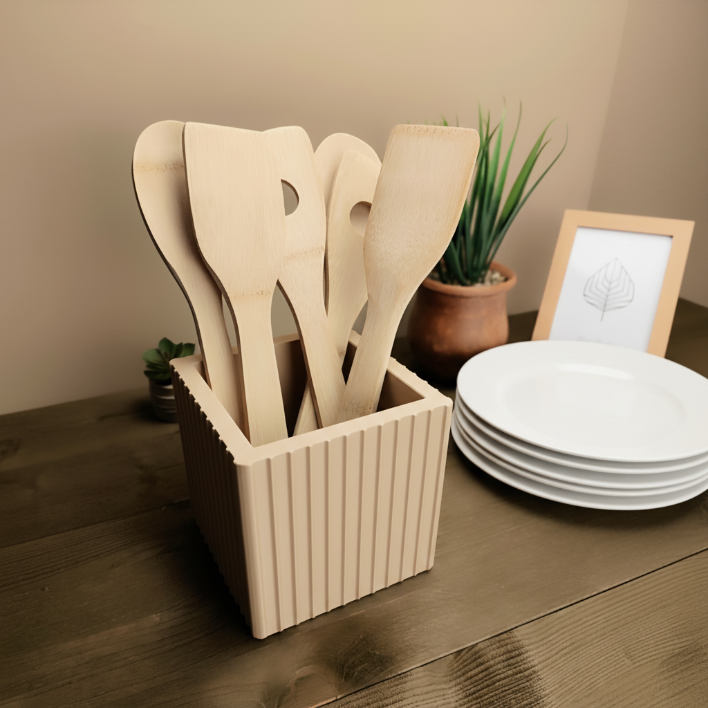 Square Ribbed Utensil Holder - beige colourway with wooden spatulas on dark wooden counter, white plates and potted plant in background