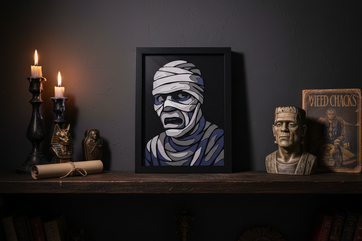 The Mummy Shadow Box on a dark gothic shelf with amber and purple candlelight and ancient Egyptian decorative objects