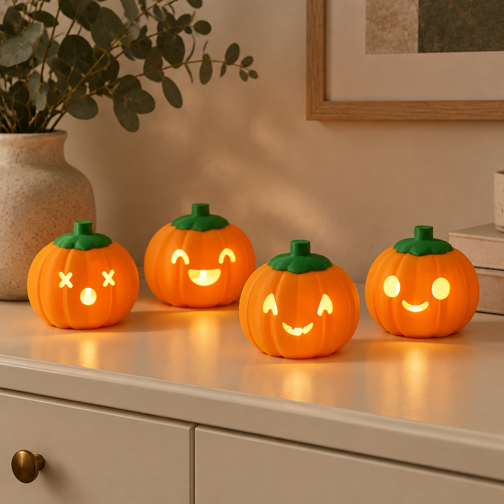 Four pumpkin lanterns on a sideboard