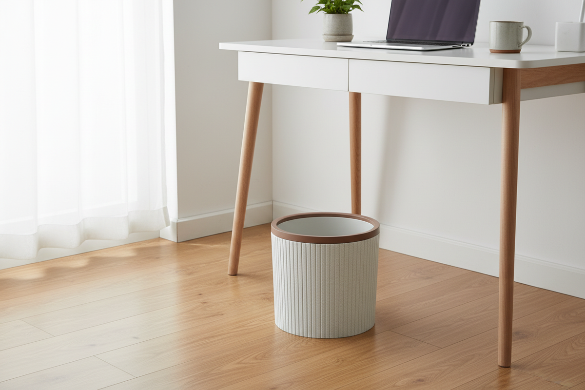 Trash Bin Striped beside a minimalist desk in a modern home office