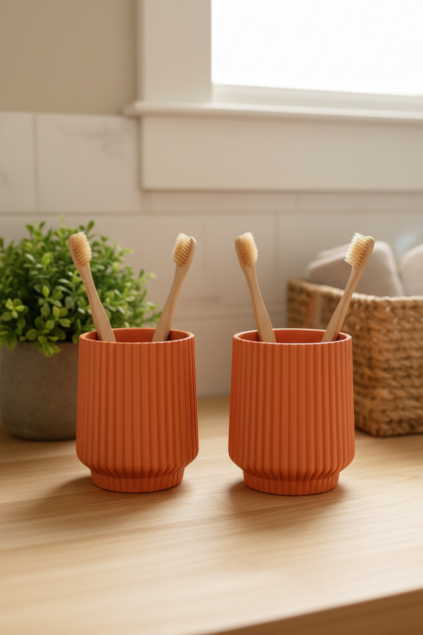 Terracotta orange ribbed toothbrush cup set on wooden counter with bamboo toothbrushes, plant and wicker basket