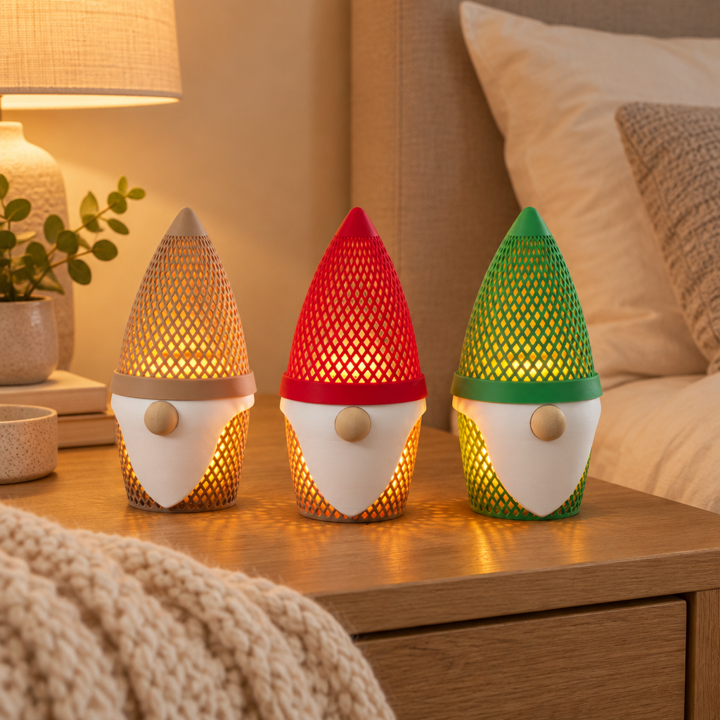 Set of three Christmas gonk tealight holders on a bedside table beside neutral knitwear