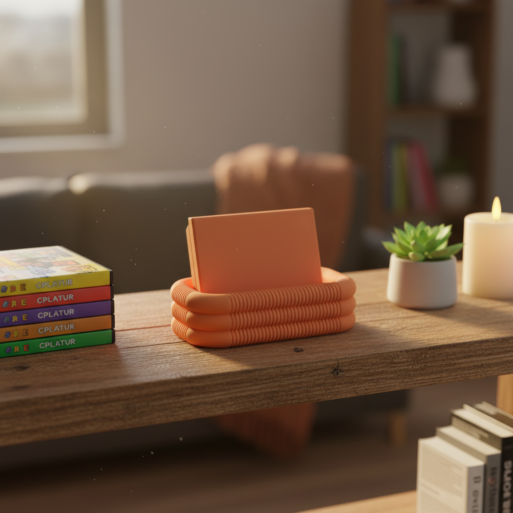 Trimui Brick Stand on shelf with retro cartridges terracotta