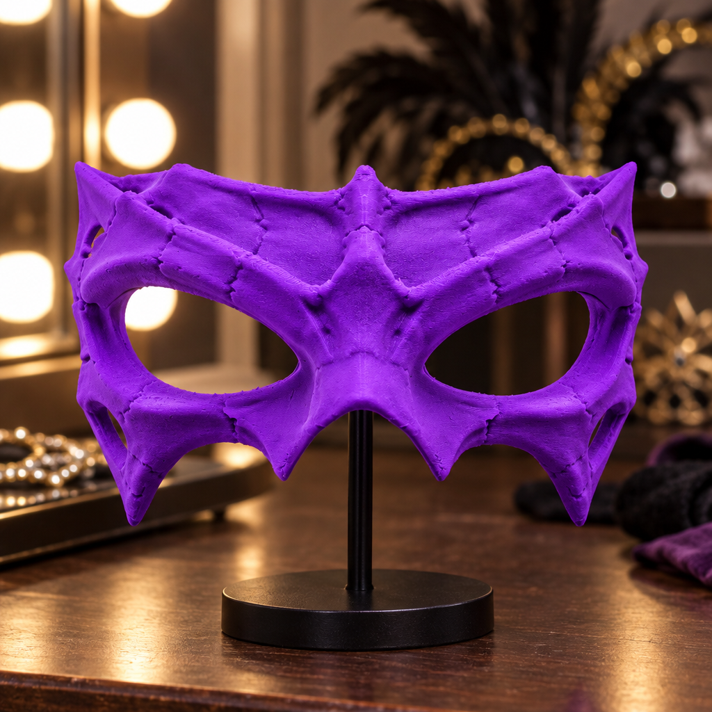 Neon Purple Bone Wraith Mask displayed on a stand in a costume dressing room.