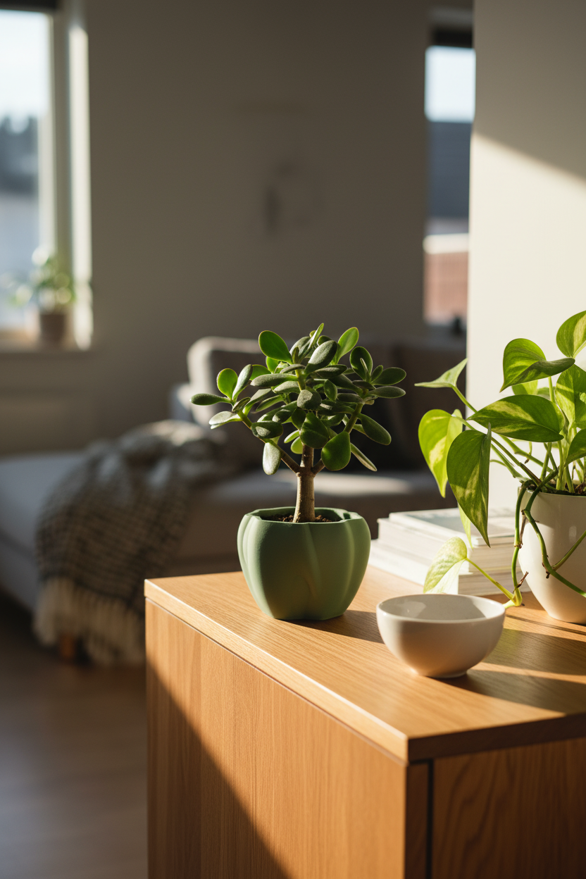 Sage green organic flowing planter with jade succulent on oak sideboard Scandinavian living room lifestyle
