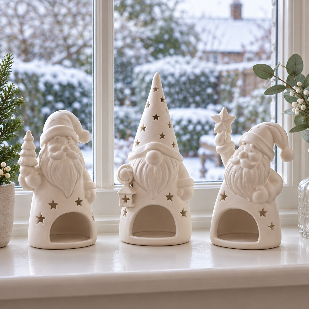 Three white bearded Santa tealight holders displayed unlit on a windowsill overlooking a snowy garden.
