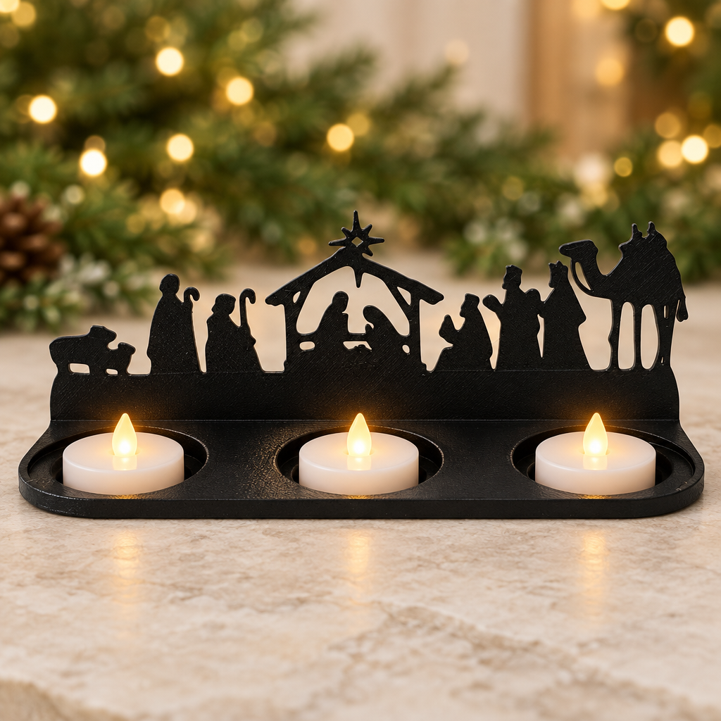 Full Nativity scene tealight holder centered on a pale surface with soft festive greenery.