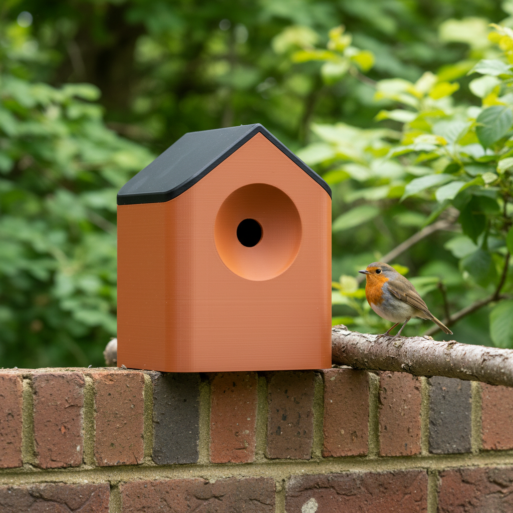Orange bird house on brick wall with robin - lifestyle