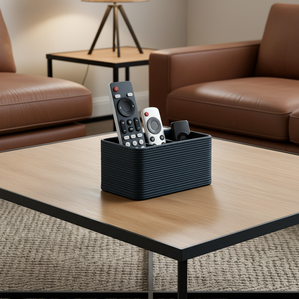 Ribbed remote holder with remotes in a man cave with leather sofas and lamp light