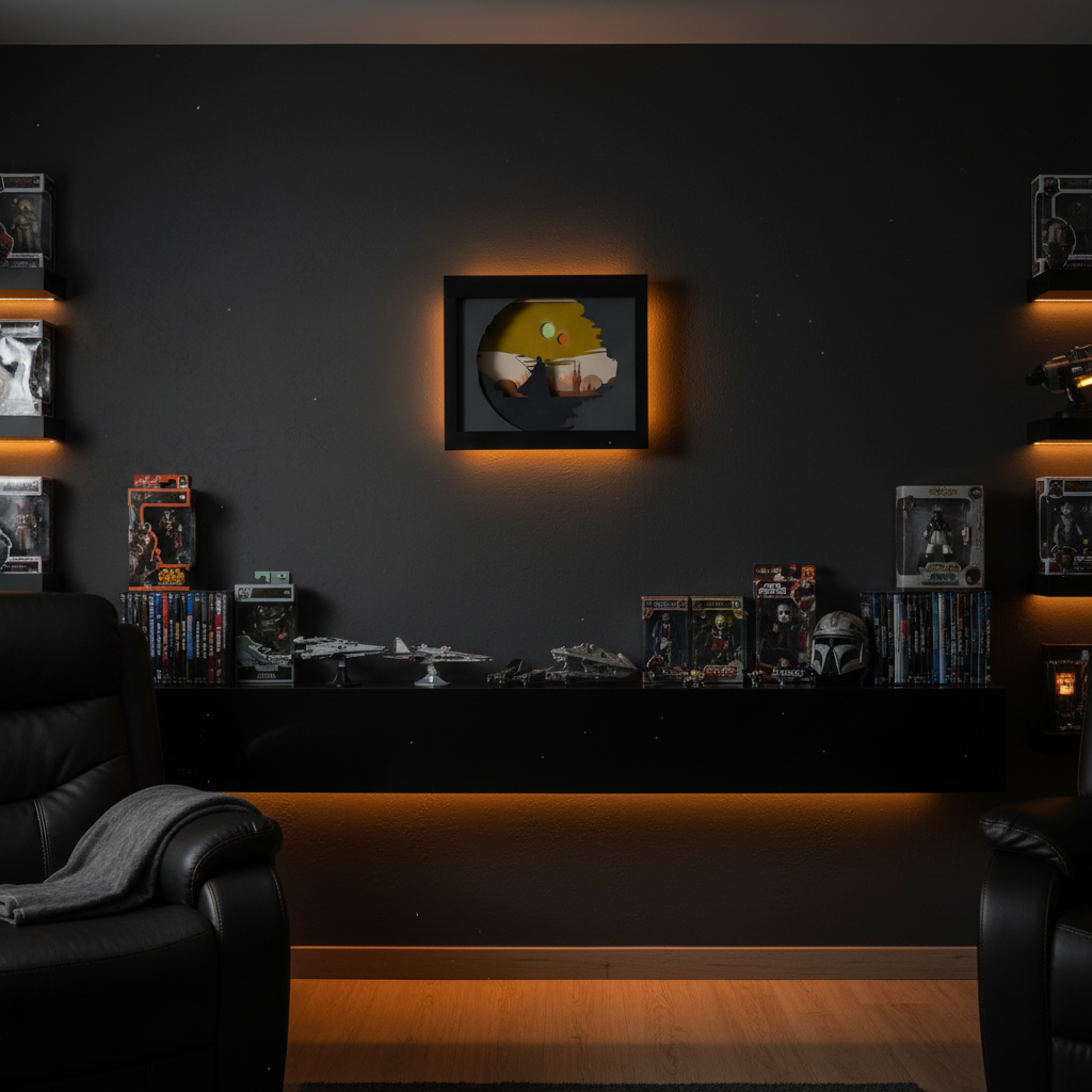 Darth Vader Homecoming shadow box on a dark home cinema wall with collectibles and amber LED lighting