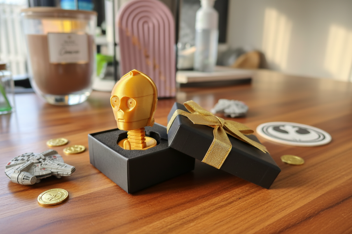 Star Wars C-3PO Springie presented as a gift in a sleek black box with gold ribbon on a warm wooden surface