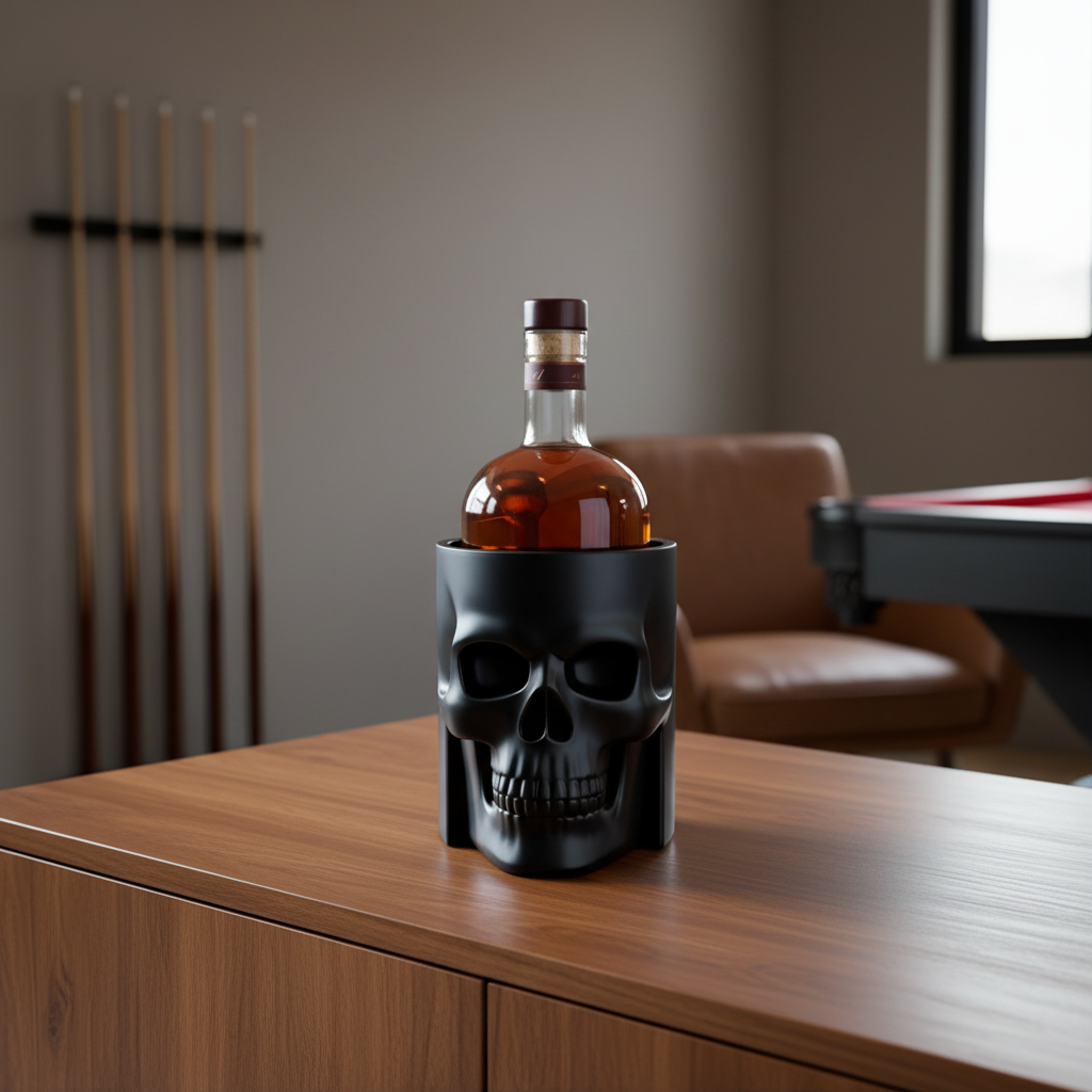 Skull bottle cooler with whiskey bottle on a wooden sideboard in a man cave