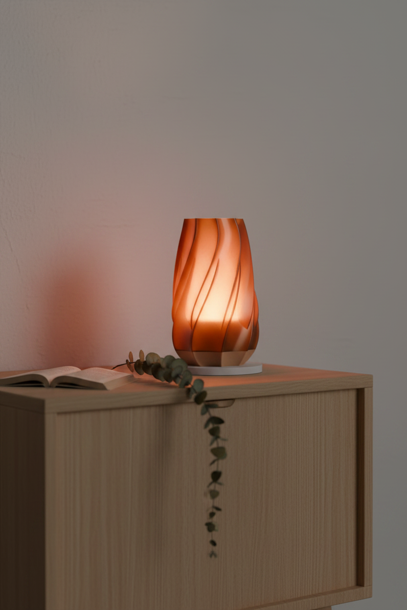Twisted Glow Table Lamp white translucent twist-fin body warm amber glow white base pale oak bedside table open book eucalyptus Japandi bedroom evening