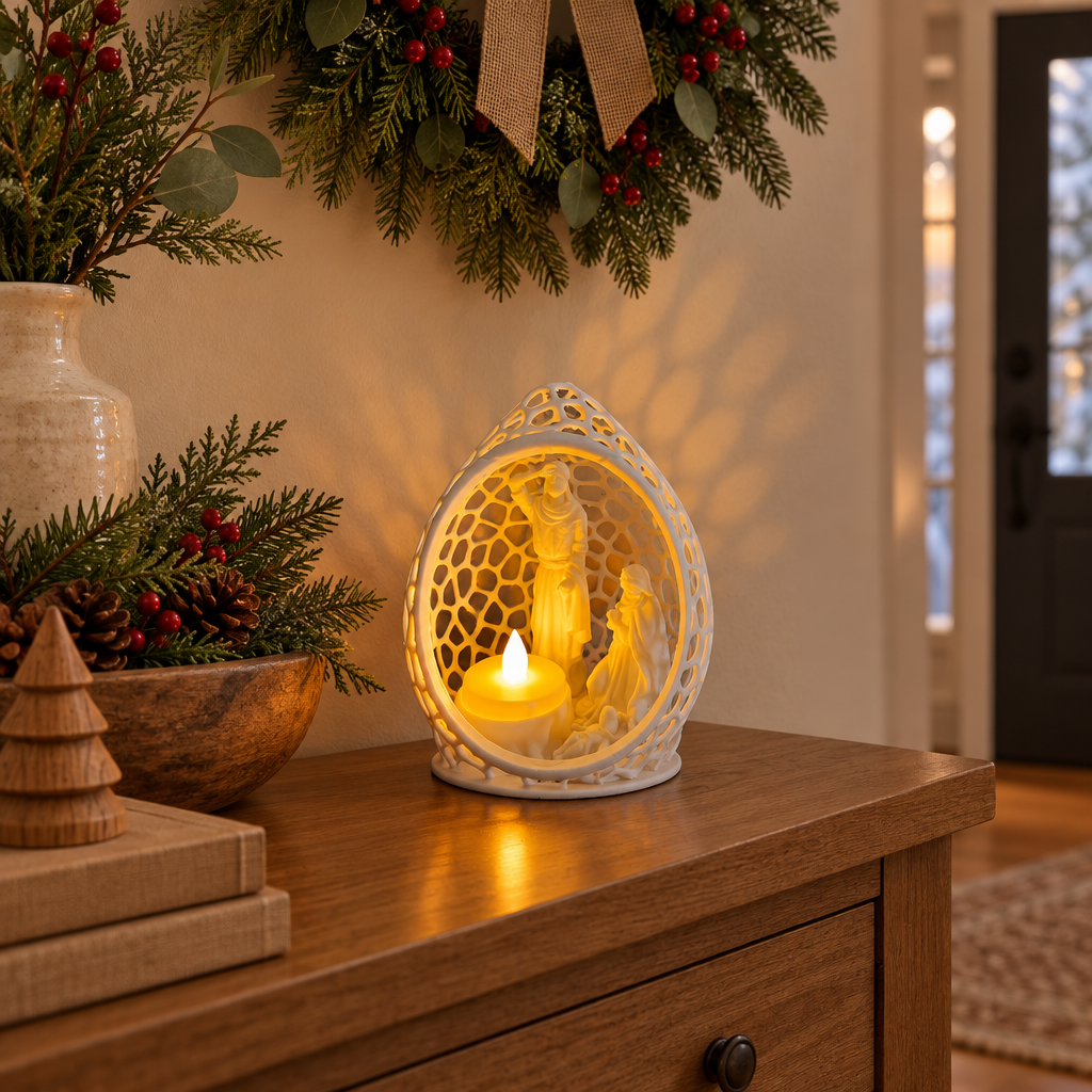 Oval Nativity scene on a hallway console beneath a seasonal wreath