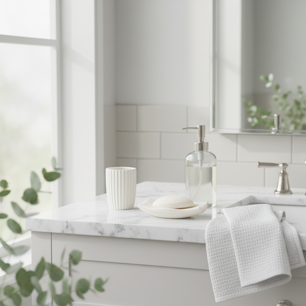White ripple soap dish on marble vanity with matching toothbrush holder and linen towel minimal bathroom lifestyle