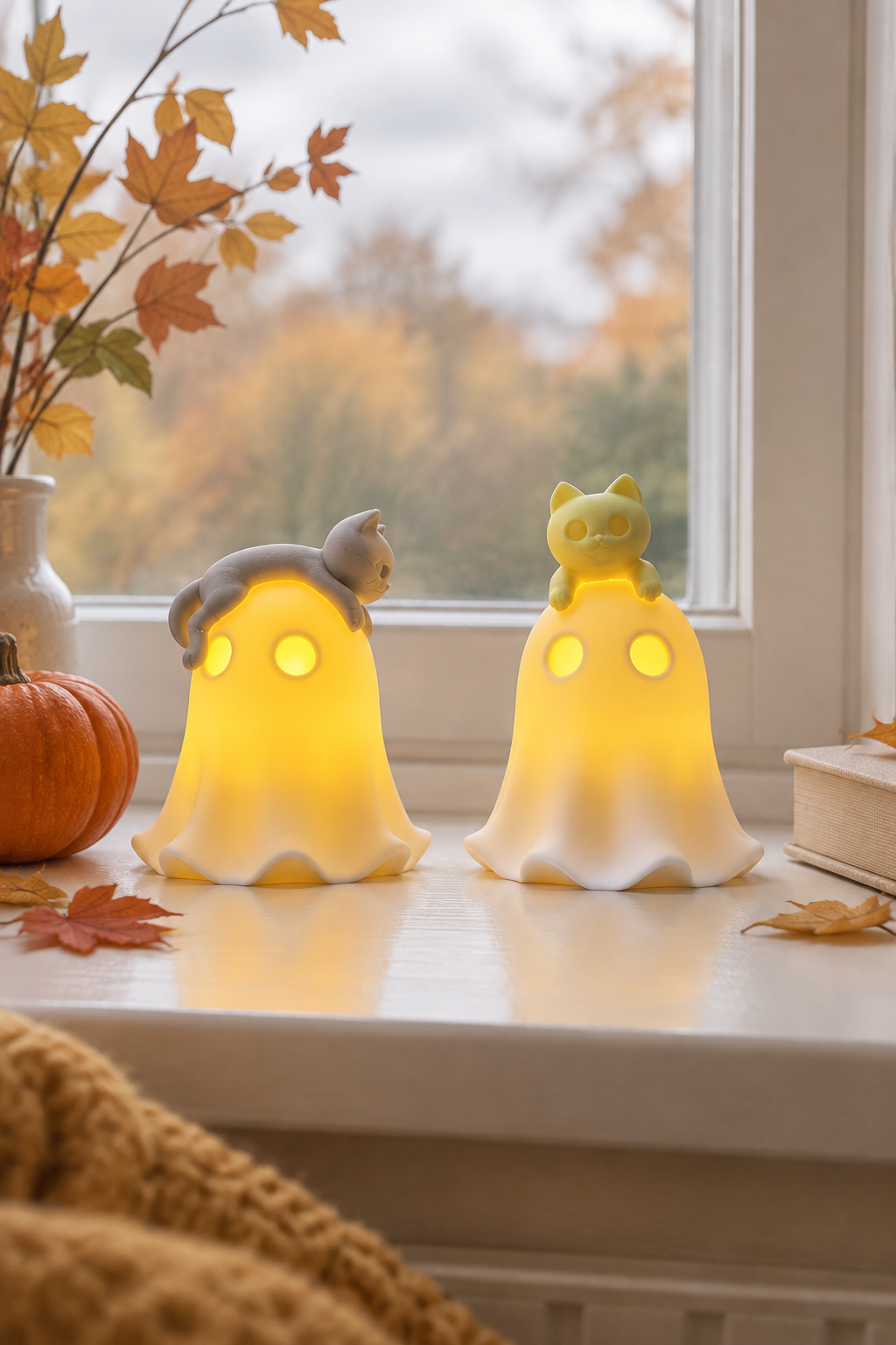 Two glowing ghost and cat holders on a bright window sill with autumn leaves and a small pumpkin