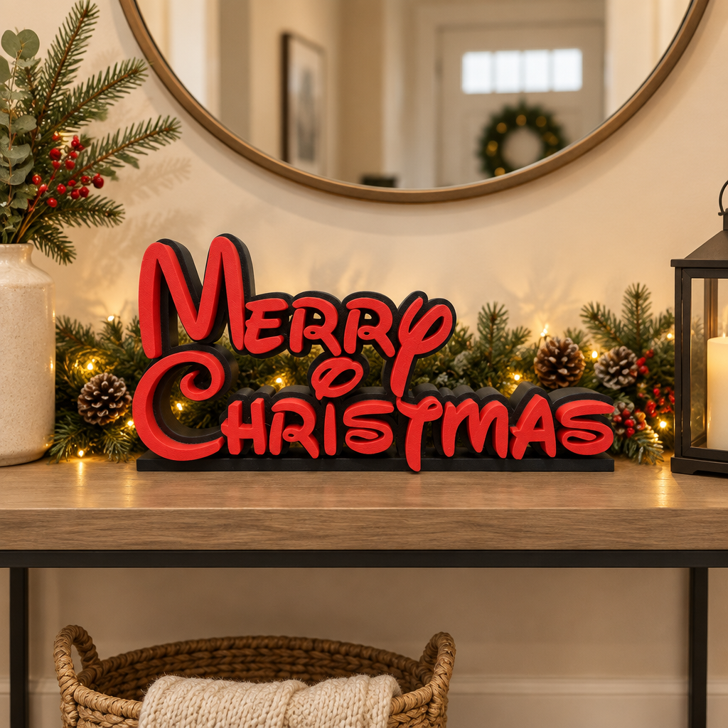 Red-on-black freestanding Christmas sign styled on a hallway console table
