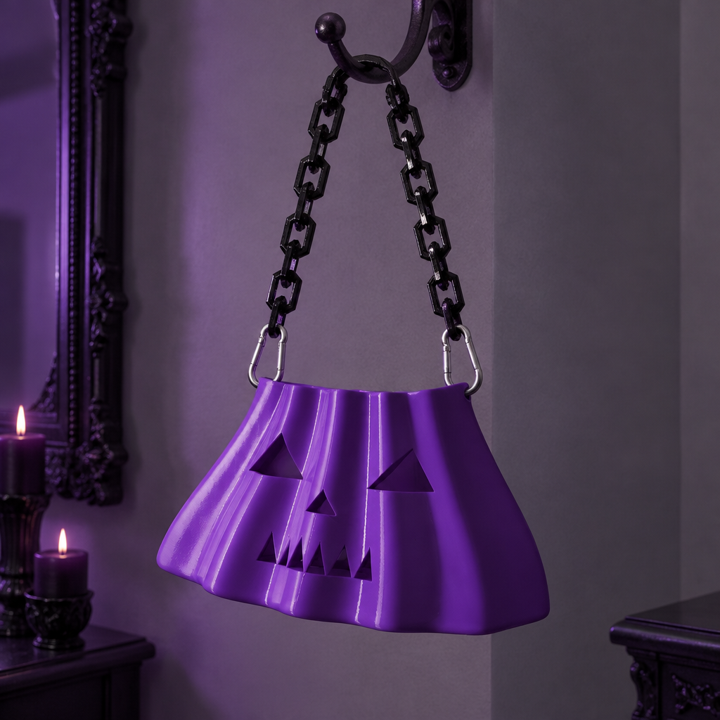 Purple pumpkin bag with attached black chains hanging in a gothic dressing room