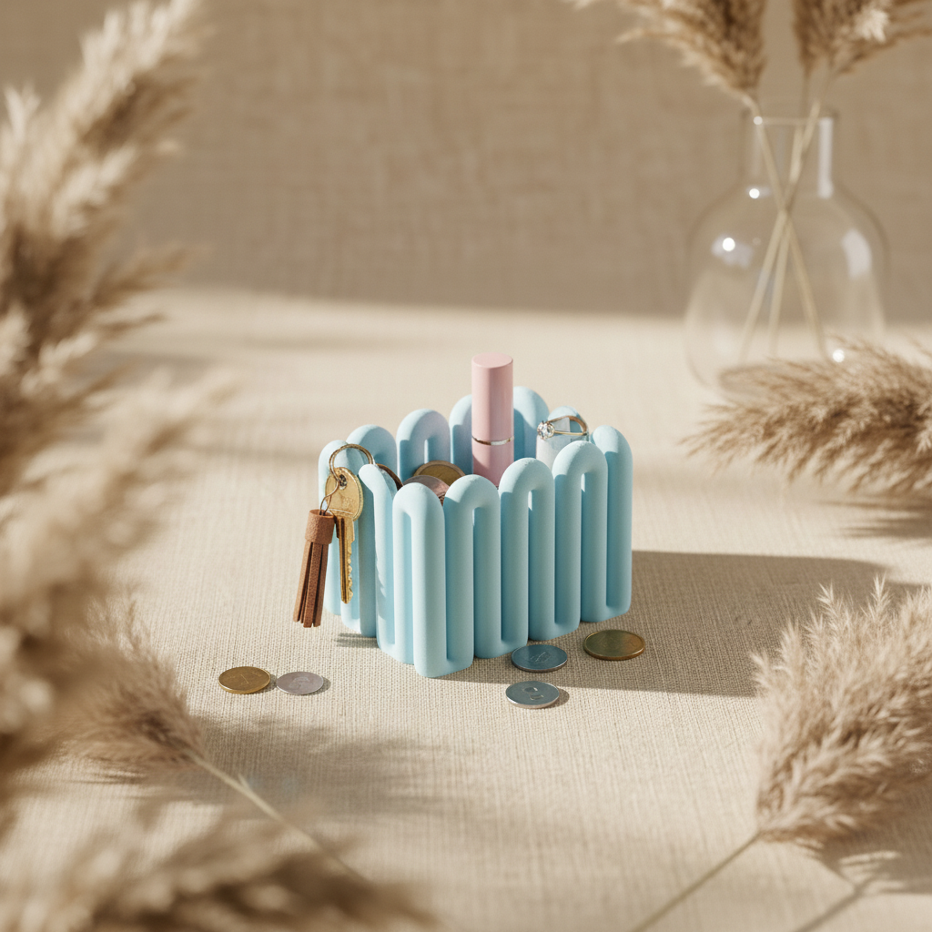 Overhead flat lay blue wibble storage box with keys coins and ring on linen with pampas grass boho lifestyle