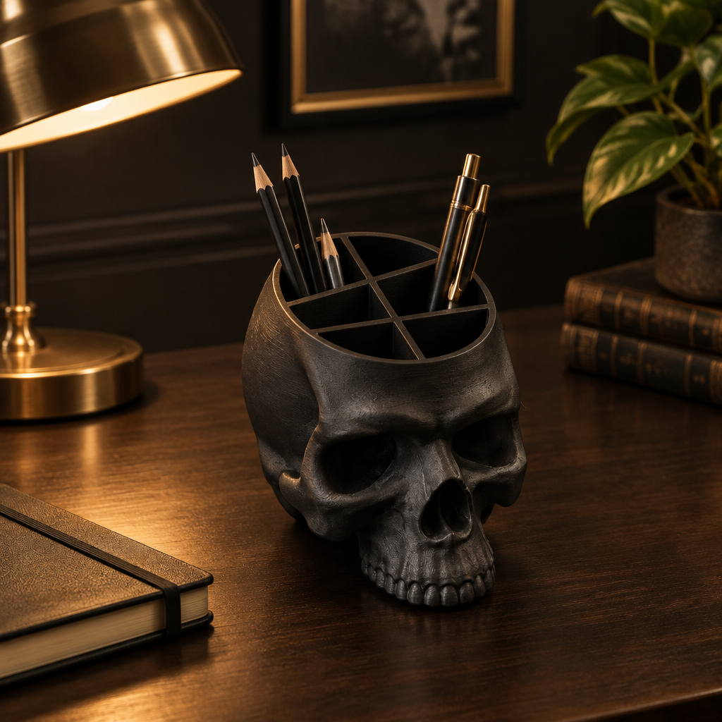 Black skull desk organiser on a home-office desk with pencils