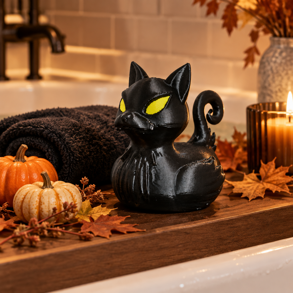 Black cat bath duck styled with subtle pumpkins and autumn bathroom decor