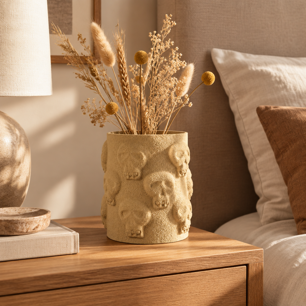 Skull Vase on bedroom bedside table