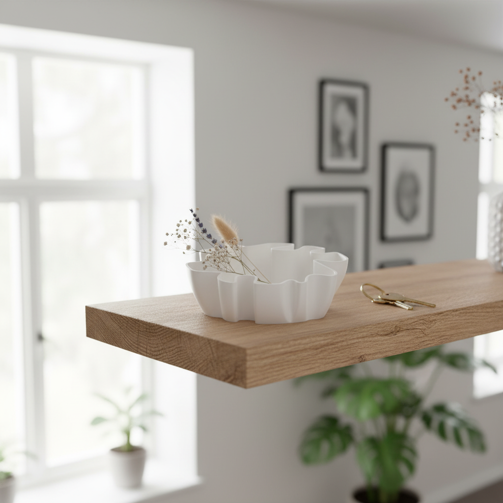 Organic Flow Catchall Bowl - White colourway on oak shelf
