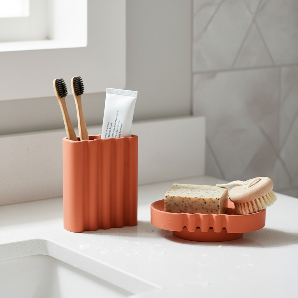 Wibble Toothbrush Holder and Soap Dish terracotta set on countertop