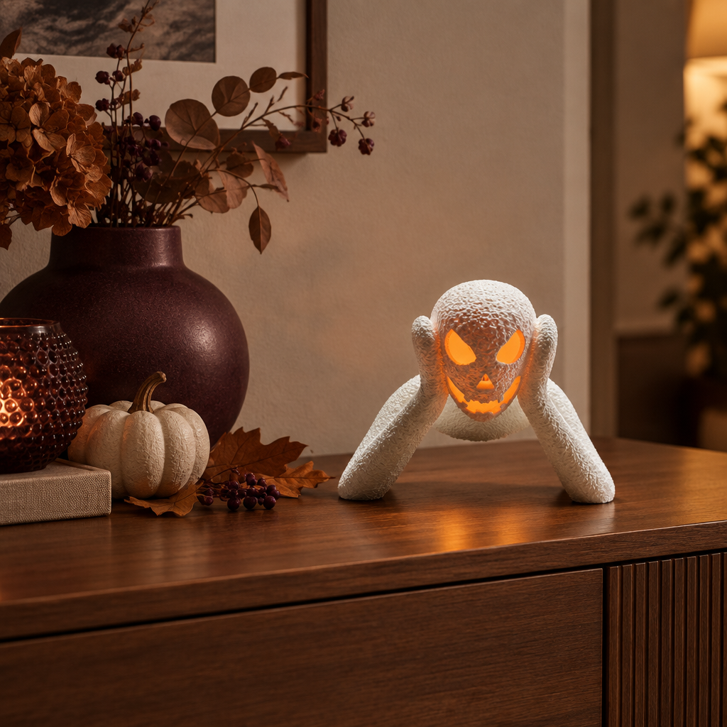 Textured white NOBODY LANTERN with orange pumpkin-face glow on a seasonal sideboard
