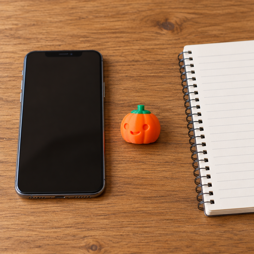 Pumpkin clicker beside a phone and notebook.