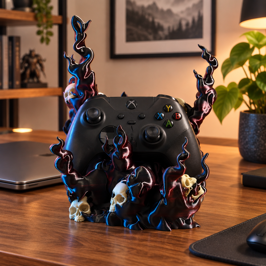 Skull flame holder with an Xbox-style controller on a warm walnut home-office desk