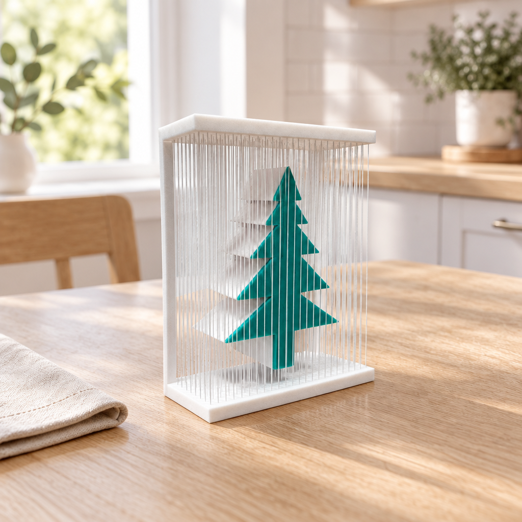Teal-green Christmas tree inside a white vertical-strand frame, styled on a breakfast nook table.
