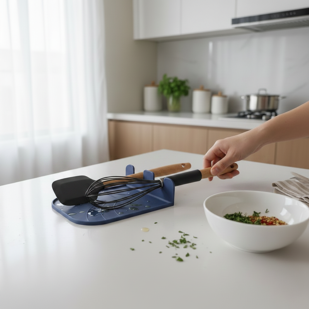 Cooksitter Duo Utensil Rest - blue colourway holding black utensils on white quartz Scandinavian kitchen counter