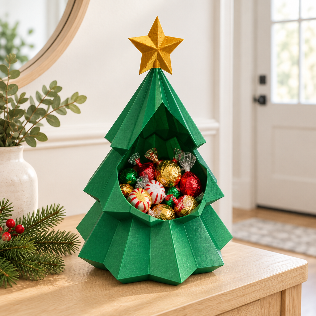 Green Christmas tree snack bowl with wrapped treats on a pale wood entryway console