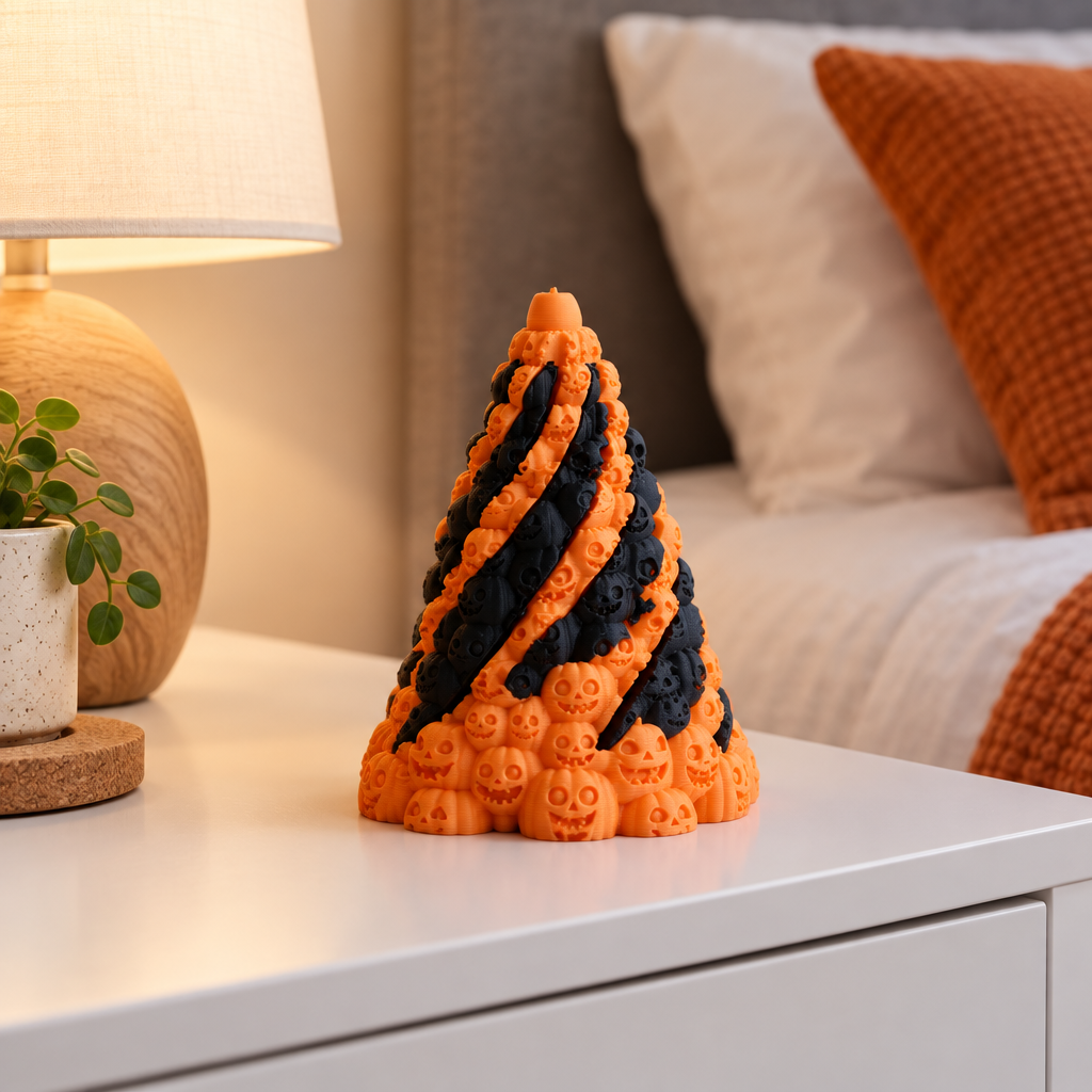 Orange and black Skull Mountain fidget on a contemporary bedside table